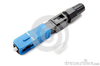 Optical SC blue connector on an isolated background close-up, for connecting to the Internet, television or local area network, Stock Photo