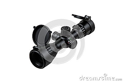 Optical sniper scope with open protective covers. Optical device for aiming and shooting at long distances. Isolate on a white Stock Photo