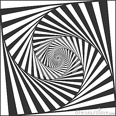 Optical spiral illusion. Black and white alternating strips creating hypnotic effect, vertigo geometric whirl Vector Illustration