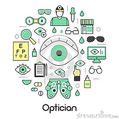 Optician Thin Line Icons Set with Optometry Technology and Eyeglasses Vector Illustration
