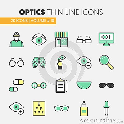 Optician Thin Line Icons Set with Optometry Technology and Eyeglasses Vector Illustration