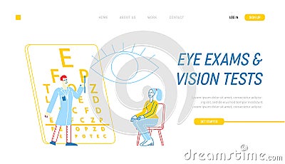 Optician Vision Exam Landing Page Template. Patient Character at Ophthalmologist Doctor Eyesight Check Up Vector Illustration