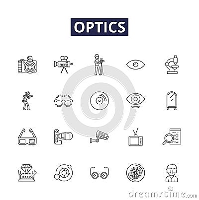 Optics line vector icons and signs. Light, Reflection, Refraction, Prism, Eyeglass, Binoculars, Telescope, Optics Vector Illustration