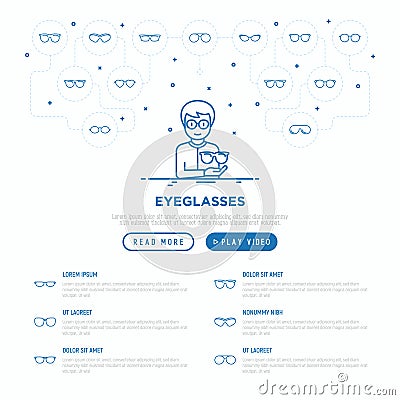 Optics shop concept: Man is trying on different eyeglasses. Thin line icons: sunglasses, sport glasses, rectangular, aviator. Vector Illustration
