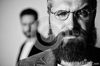 Optics and vision concept. Eyeglasses accessory for smart appearance. Wise glance. Hipster style and fashion. Hipster Stock Photo