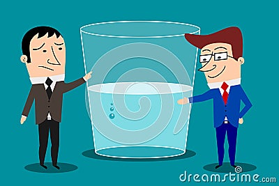 Optimism versus pessimism concept. Cartoon characters businessmen indicating glass half full or half empty. vector isolated Vector Illustration