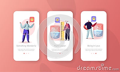 Optimist and Pessimist Mobile App Page Onboard Screen Set. Characters Stand at Huge Water Glass Vector Illustration