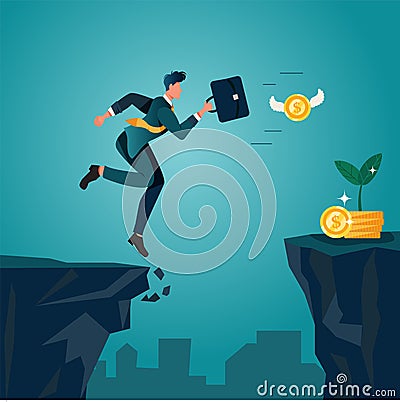An optimistic businessman jumping and running over cliffs, chasing money coins. Flat character Vector Illustration