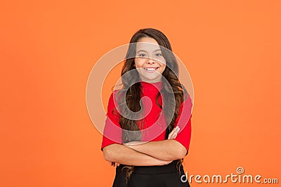 Optimistic concept. Good vibes. Happy childhood. Healthy smile. Feeling lucky. Perfect girl. Positive emotions. Teen Stock Photo