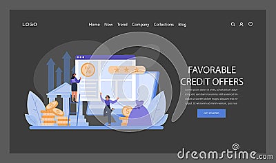 An optimistic depiction of obtaining advantageous credit terms, symbolized by a user reviewing offers and financial Vector Illustration