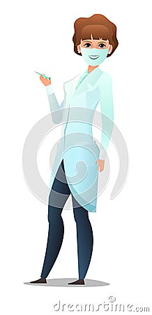 Optimistic woman doctor in dressing gown and humor mask. Cheerful persons in standing pose. Cartoon comic style flat Vector Illustration