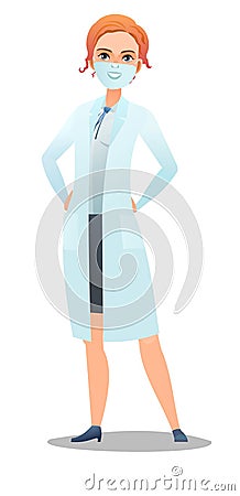 Optimistic woman doctor in dressing gown and humor mask. Cheerful persons in standing pose. Cartoon comic style flat Vector Illustration