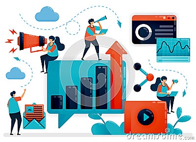 Optimization and developing business growth with advertising and promotion. Internet marketing strategy, planning and analysis. Vector Illustration