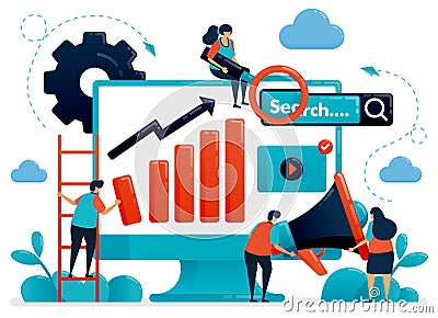 Optimize seo with advertising and planning strategies. Internet business development and research. Marketing and promotion. Flat Vector Illustration