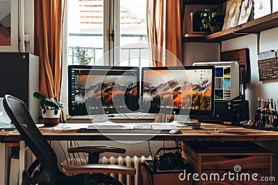 Optimize Your Home Workspace: Setting Up Dual Monitors for Enhanced Productivity and Creative Workflow in a Cozy Room, Featuring Stock Photo