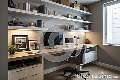 Practical Home Office: Built-in Desk, Ergonomic Chair, and Organized Storage Solutions Stock Photo