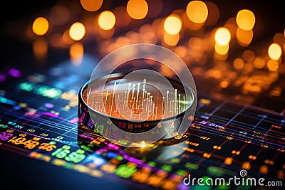 Optimizing data analysis and seo. magnifier, charts, graphs, ultraviolet and neon screen insights. Stock Photo