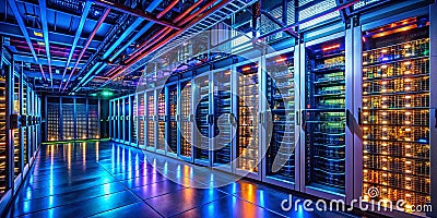 Optimizing Data Center Performance CuttingEdge LowLight Server Room Technology for Enhanced Network Solutions and Stock Photo