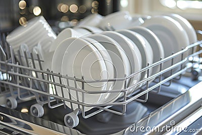 Optimizing drying dishwasher door partially opened for better aeration and efficient drying process Stock Photo