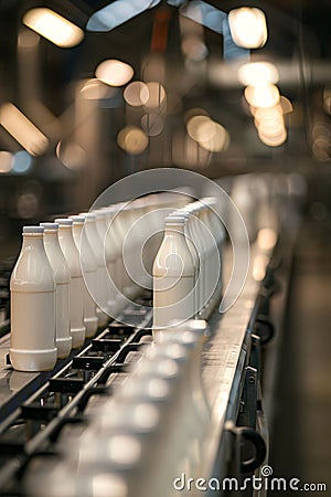 Optimizing milk bottling process in a standard factory for efficient production output Stock Photo