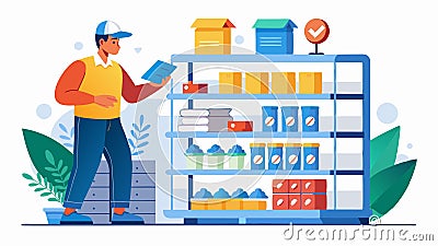 Optimizing shelf space for maximum impact. This image captures a stocker analyzing product placement, highlighting the importance Stock Photo