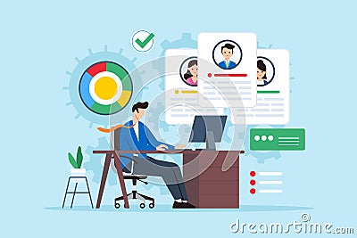 Optimizing use of business resources, maximizing efficiency, management concept vector illustration. Analyst on desk planning and Cartoon Illustration