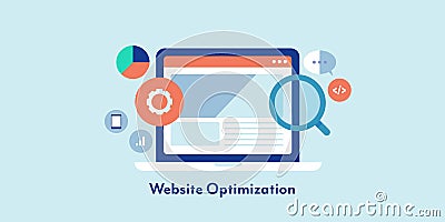 Optimizing website with seo data and content marketing strategy. Web traffic analysis and search tag web page . Vector Illustration
