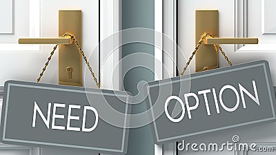 Option or need as a choice in life - pictured as words need, option on doors to show that need and option are different options to Cartoon Illustration