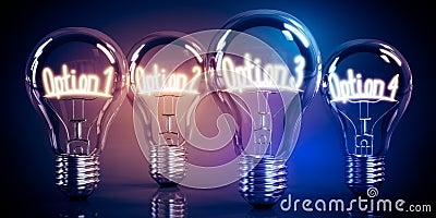 Option 1, 2, 3, 4 - shining four light bulbs - 3D illustration Cartoon Illustration