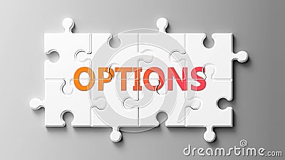 Options complex like a puzzle - pictured as word Options on a puzzle pieces to show that Options can be difficult and needs Cartoon Illustration