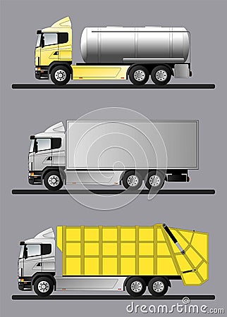 Options for modern European trucks for the transport of various goods. Flat style line art illustration Vector Illustration