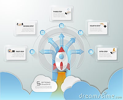 5 options startup infographics with rocket launch, Infographic template for business concept. Vector Illustration