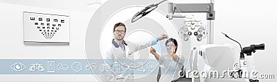 Optometrist examining eyesight, with woman patient, tools and set icons diagnostic in white background Stock Photo