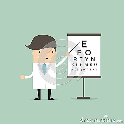 Optometrist points to the table for testing visual acuity. Vector Illustration