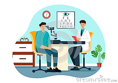 Optometrist Vector Illustration with Ophthalmologist Checks Patient Sight, Optical Eye Test and Spectacles Technology Vector Illustration