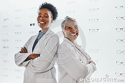 Optometry, healthcare and portrait of optometrists in a clinic after optic consultation or eye test. Leadership Stock Photo