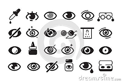 Optometry icon. Ophthalmology symbols eye doctor lens optician vector line collection Vector Illustration