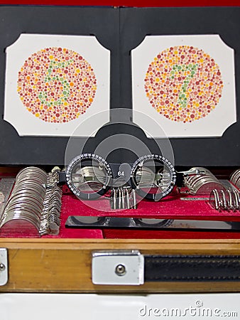 Optometry lens, eyeglasses and color blind test Stock Photo