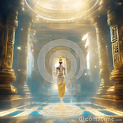 Opulent acient Temple of lost Lemuria civilization bathed in golden light. culture concept. Ai generated Stock Photo