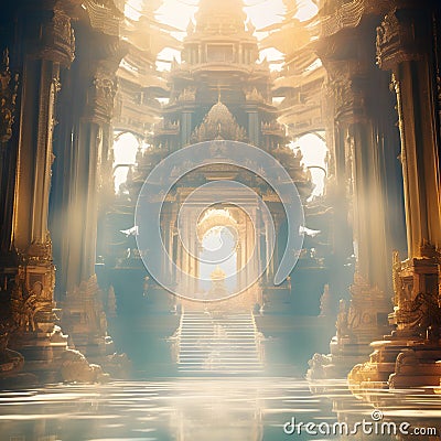 Opulent acient Temple of lost Lemuria civilization bathed in golden light. culture concept. Ai generated Stock Photo