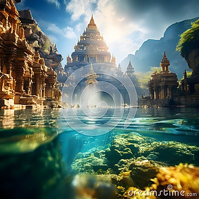 Opulent ancient Temple of lost Lemuria civilization bathed in golden light around ocean. culture concept. Ai generated. Stock Photo