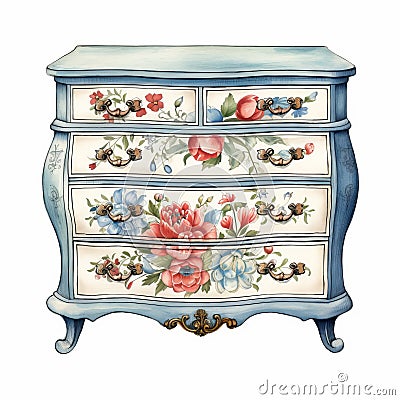 Opulent Blue Painted Dresser With Detailed Watercolor Floral Illustrations Stock Photo