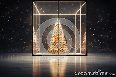 An opulent Christmas tree, resplendent in gold, showcased beneath a glass dome, evokes the spirit of festive opulence Stock Photo