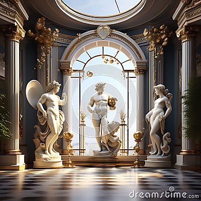 Opulent 3D Interior Illustration adorned with Antique Statues â€“ Discobolus, Venus, Mercury Stock Photo