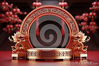 Opulent 3D rendering Round stage podium, Chinese New Year celebration Stock Photo