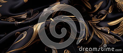 Opulent Elegance: Black Luxury Cloth in Silk, Satin, and Velvet with Golden Floral Accents Stock Photo