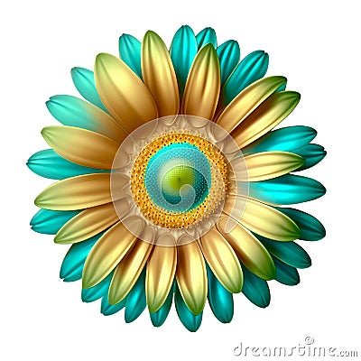 Opulent Harmony: Gerber Flower in Gold and Blue - Botanical Elegance. Cartoon Illustration