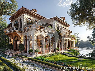 Opulent Lakeside Villa with Manicured Gardens and Outdoor Spaces Stock Photo