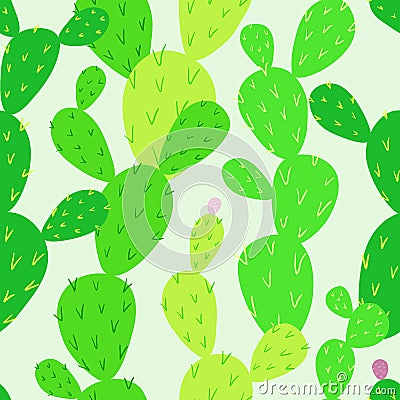 Opuntia cactus seamless pattern. Endless cactus. Desert flora. Vector Illustration