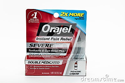 Orajel pain relief medicine on white background Editorial Stock Photo